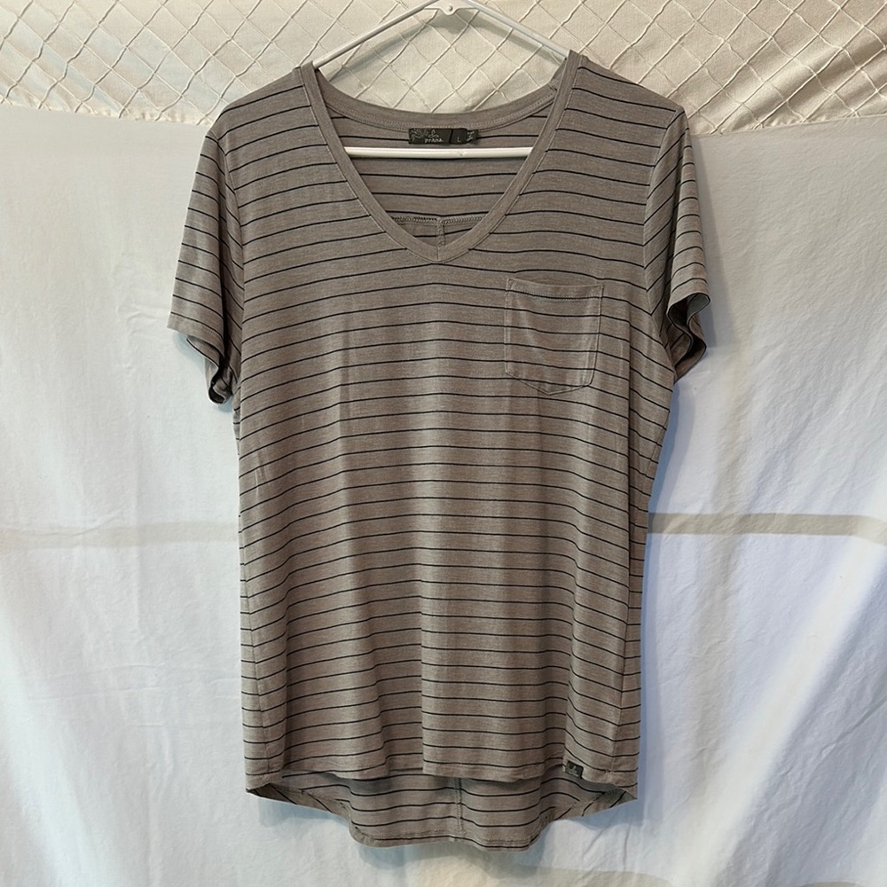 Prana Gray Striped Short Sleeve Tee